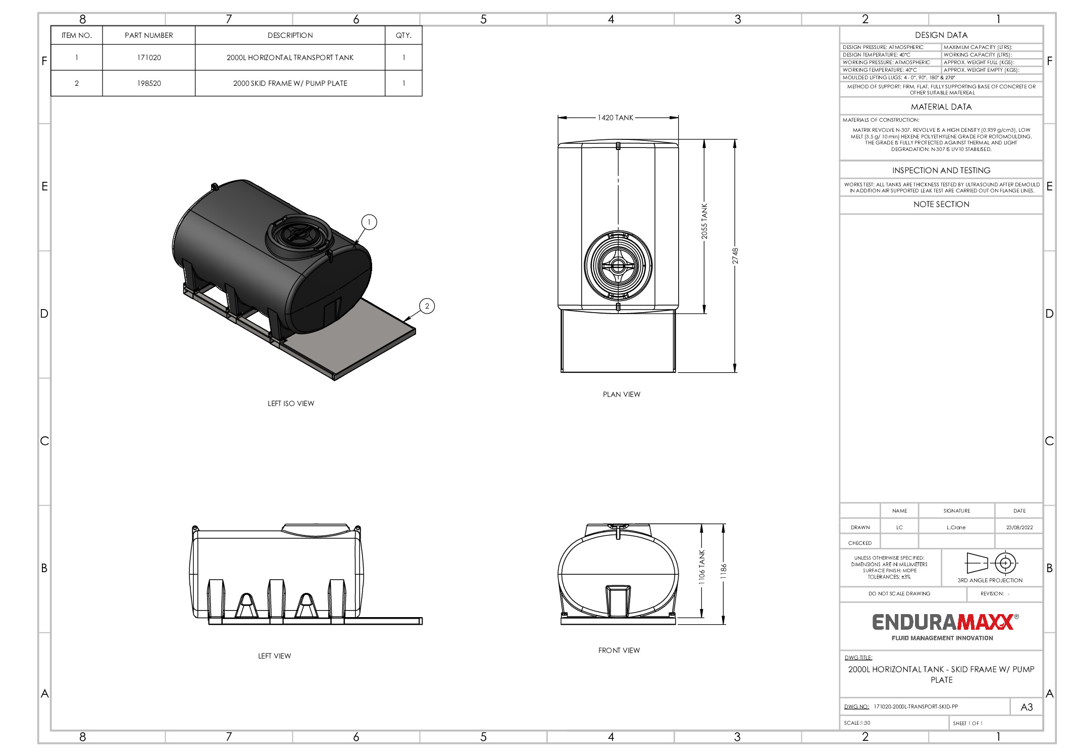 2 000 Litre Horizontal Transport Tank MJP Supplies