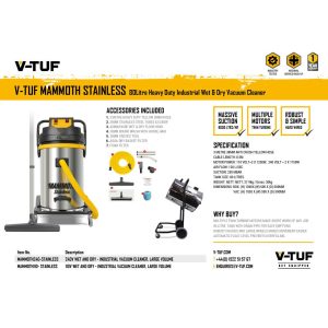 V-TUF Mammoth Stainless 80L Wet & Dry Industrial Vacuum Cleaner (3.5kW, 240V)