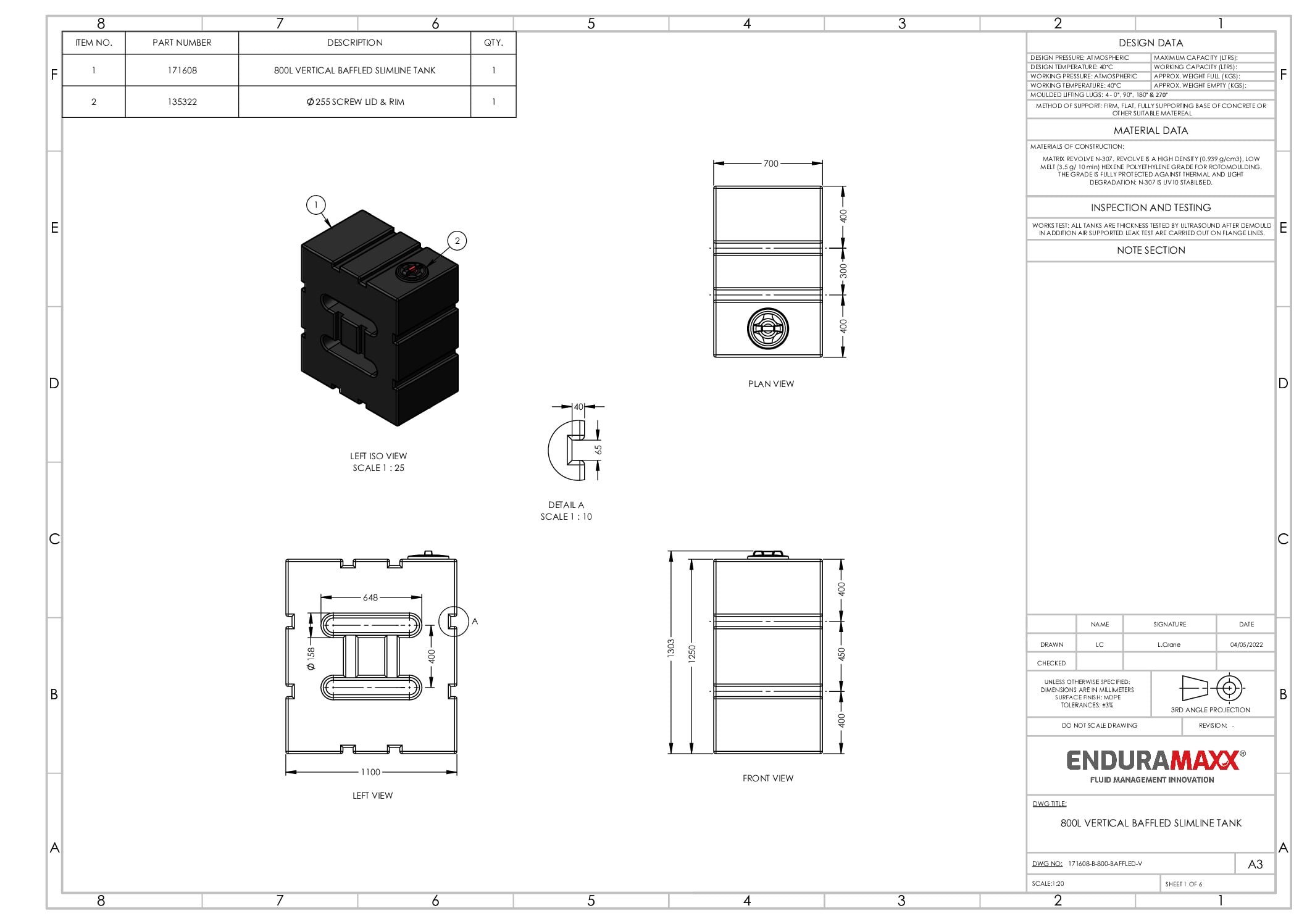 800 Litre Water Tank, Baffled, Upright - Image 2