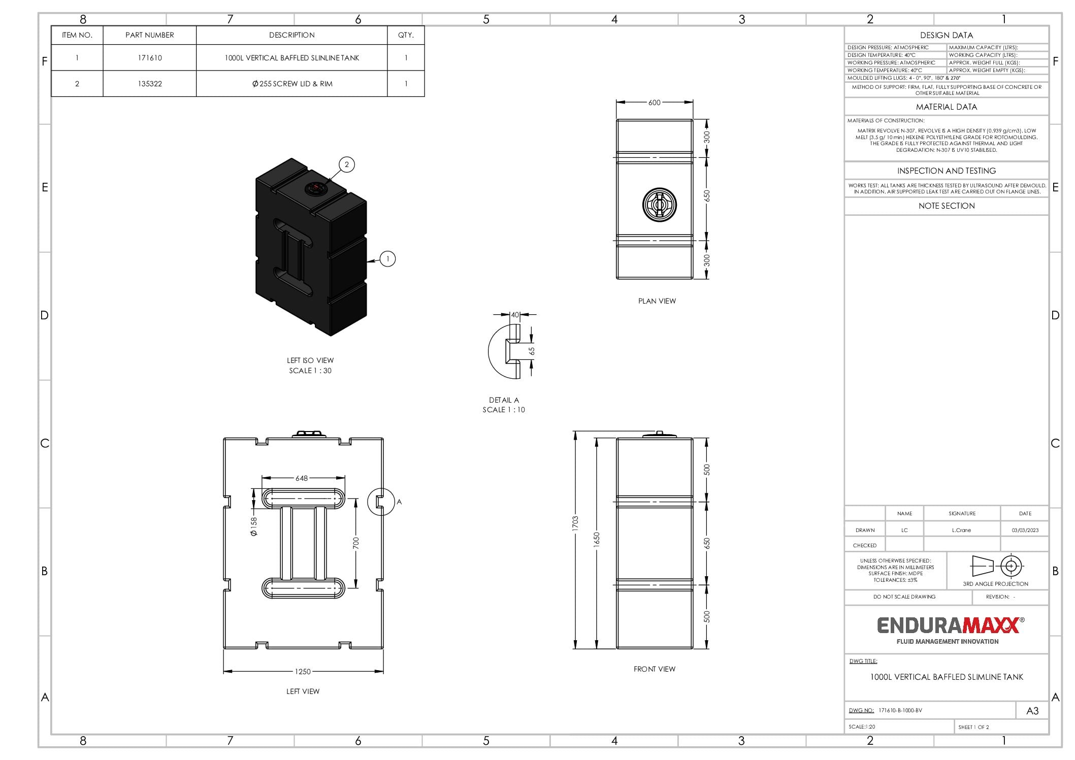1,000 Litre Water Tank, Baffled, Upright - Image 2
